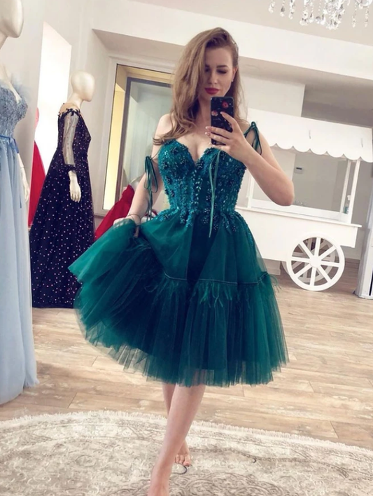 GREEN V NECK TULLE LACE SHORT DRESS LACE HOMECOMING DRESS CD10518