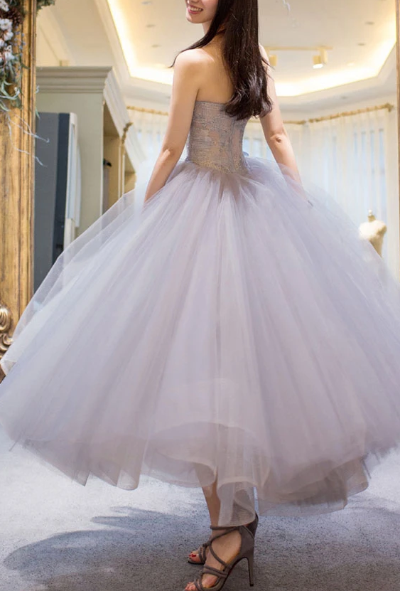 GRAY SWEETHEART TULLE LACE SHORT PROM GOWN, GRAY LACE COCKTAIL DRESS CD10582