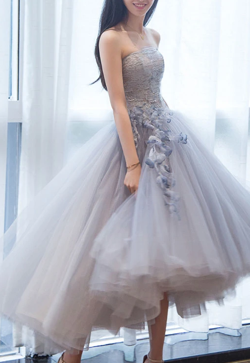 GRAY SWEETHEART TULLE LACE SHORT PROM GOWN, GRAY LACE COCKTAIL DRESS CD10582