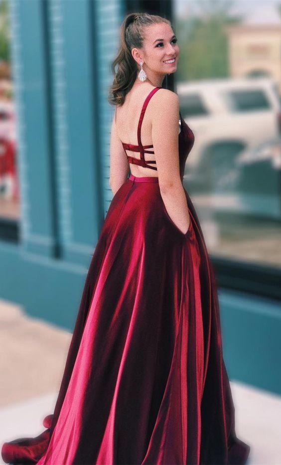 A-line Straps Wine Red Long Prom Dress CD10622