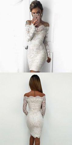 Off-the-Shoulder Long Sleeves White Lace Homecoming Dress CD10628