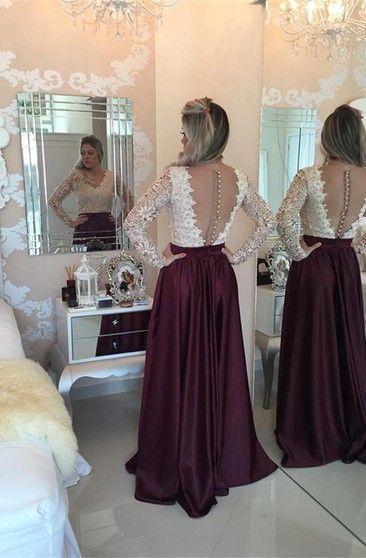 Stunning Long Sleeve Lace Pearls Prom Dresses CD10634