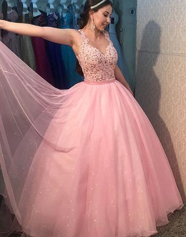 Pink Ball Gown Prom Dress with Illusion Bodice CD10635