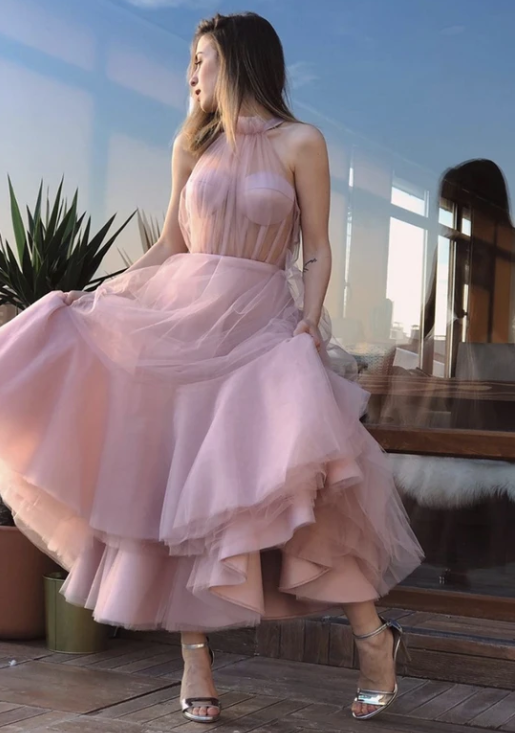 Pink tulle short prom dress CD10644