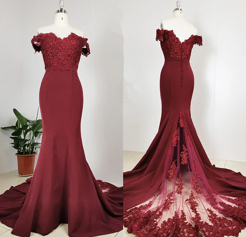 Burgundy Off Shoulder Handmade Mermaid Bridesmaid Dress, Long Prom Dress Evening Dress CD10645