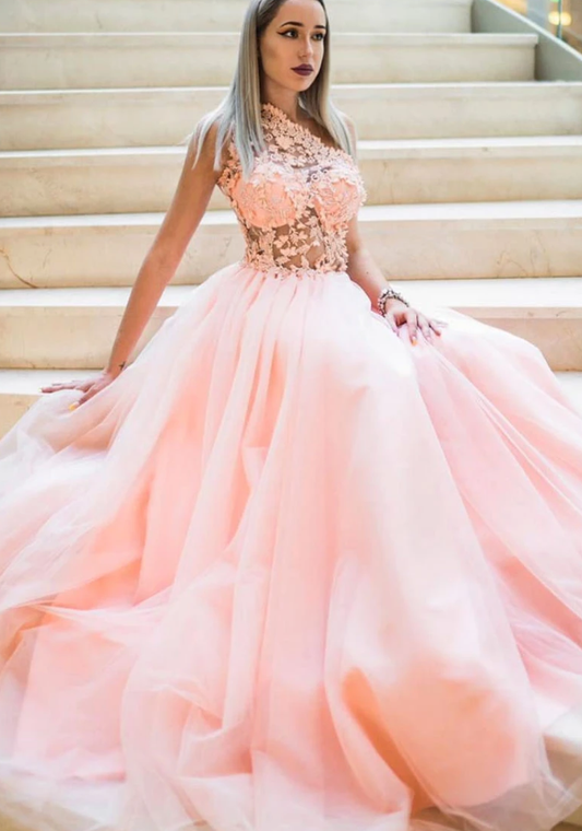Pink tulle lace one shoulder long prom dress pink lace bridesmaid dress CD10649