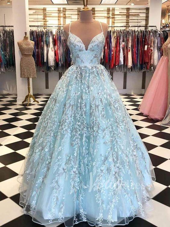 A Line Embroidery Lace Long Prom Dresses with Straps CD10651