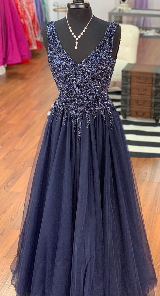 handmade v neck navy blue long prom dress CD10663