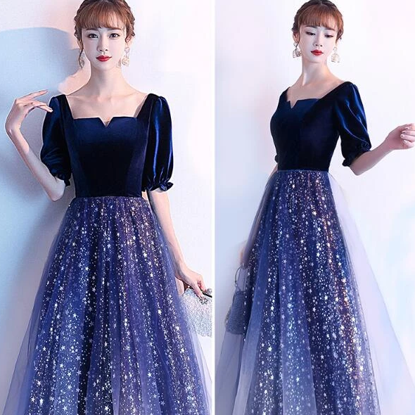 Navy Blue Shiny Tulle And Velvet Long Bridesmaid Dress, Wedding Party prom Dress CD10818