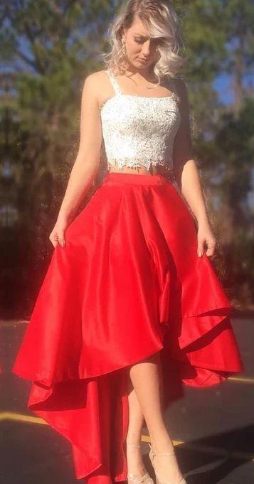 Charming High Low Two Piece Prom Dress, Red Appliques Evening Party Dress CD10828