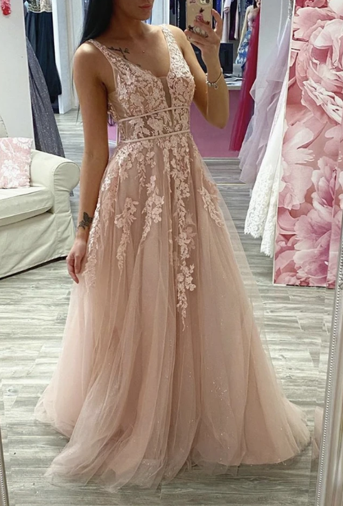 Pink tulle lace long prom dress evening dress CD10883