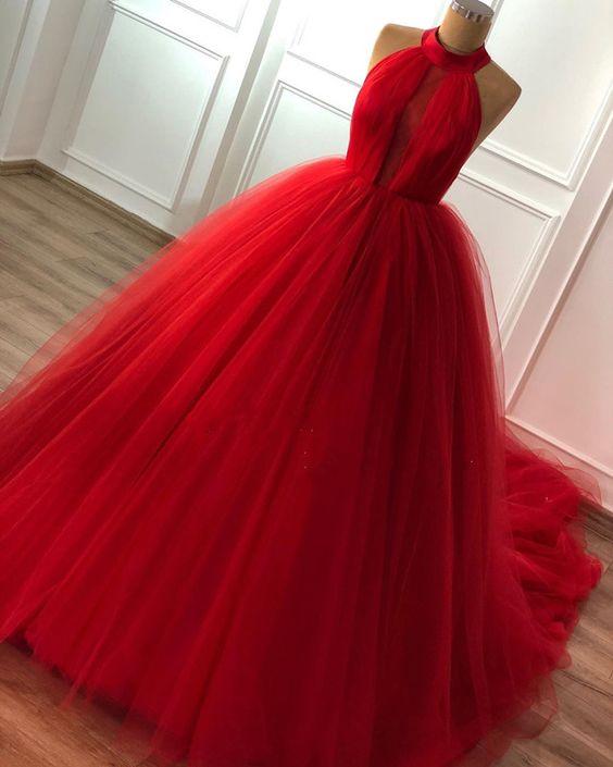 elegant red tulle halter prom ball gown dresses CD10892