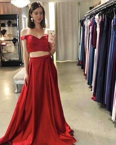 Sexy Off the Shoulder Red Two Piece Prom Dress, Long Evening Dress CD10921