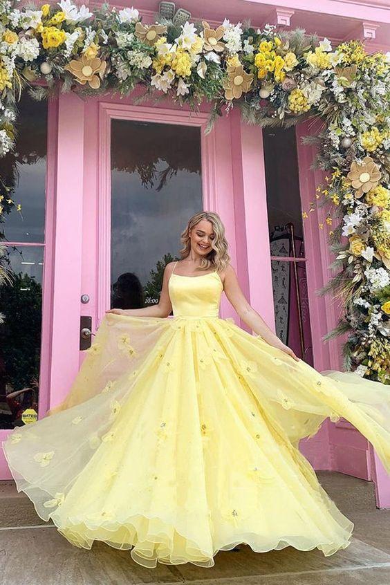 Straps Tulle Bodice 3D Flowers With Back Lace Up Yellow Long Prom Dress CD10929