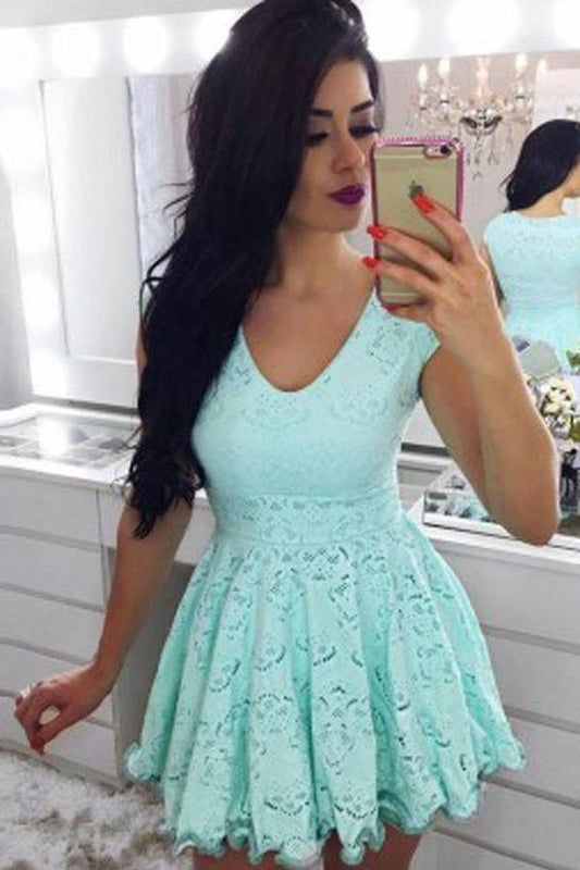 Popular Short Mint Green Capped Sleeve Short homecoming Dress, Hollow Lace Homecoming Dress, Party Dress CD1092