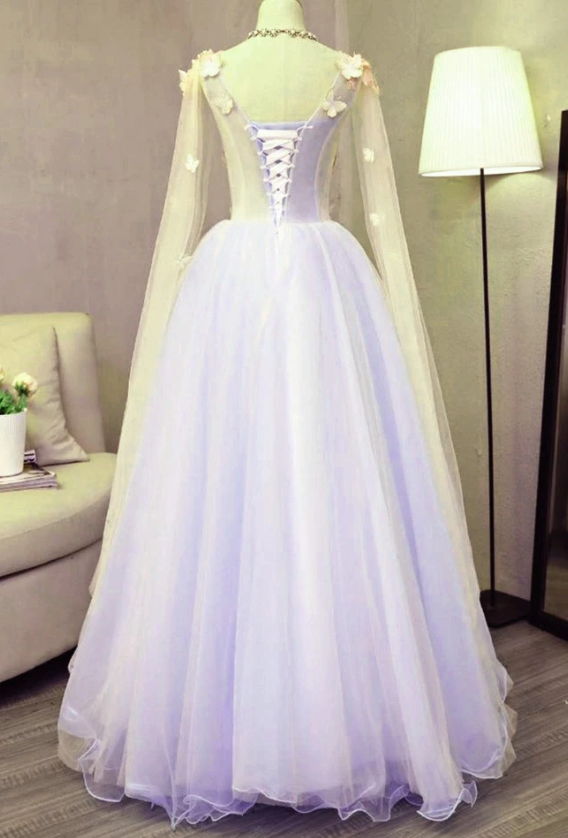 Lovely Tulle Lavender Long Formal prom Dress With Lace Applique, Sweet 16 Dresses CD10945