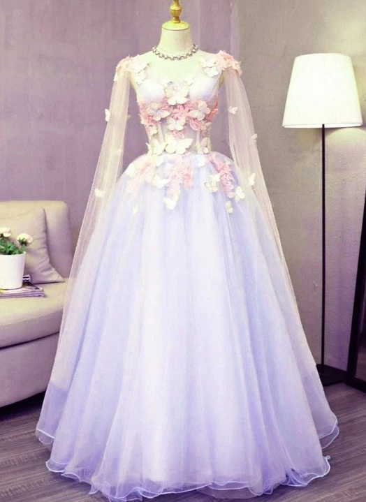 Lovely Tulle Lavender Long Formal prom Dress With Lace Applique, Sweet 16 Dresses CD10945