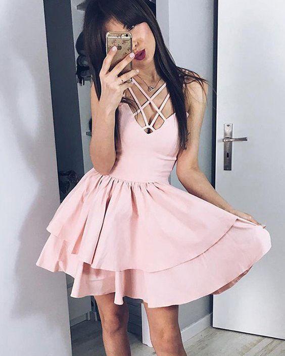 simple pearl pink pleated crisscross layered homecoming dress CD1095