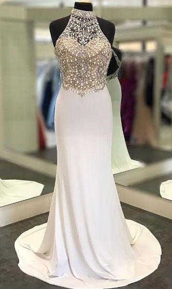 High Neck Sheath Long Prom Dresses With Beaded CD10996