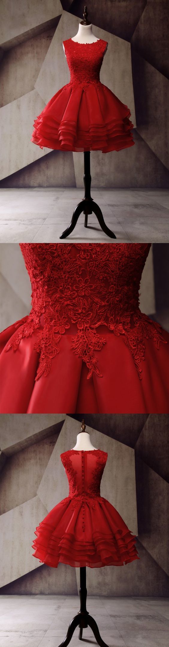 Lace Homecoming Dress, Applique Junior School Dress, Red Graduation Dress CD1101