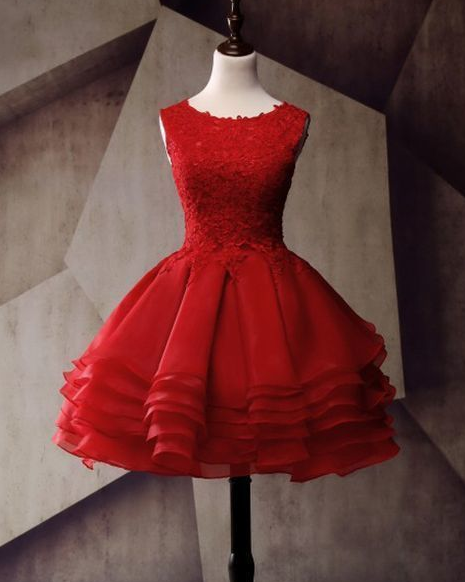 Lace Homecoming Dress, Applique Junior School Dress, Red Graduation Dress CD1101