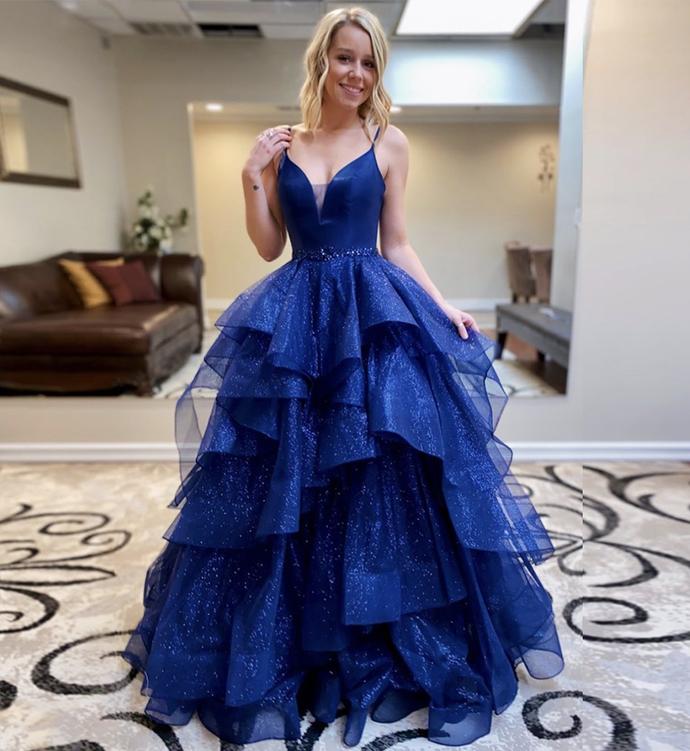 Blue v neck tulle prom gown formal dress CD11028