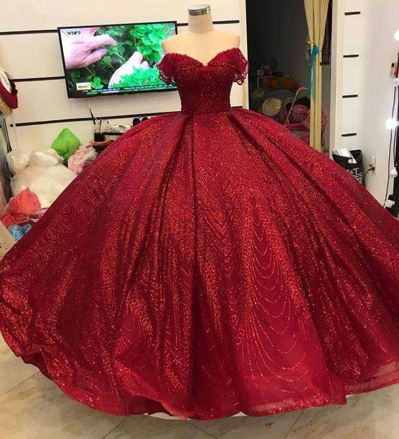 Off The Shoulder Red Ballgown Glitter Prom Dresses CD11031