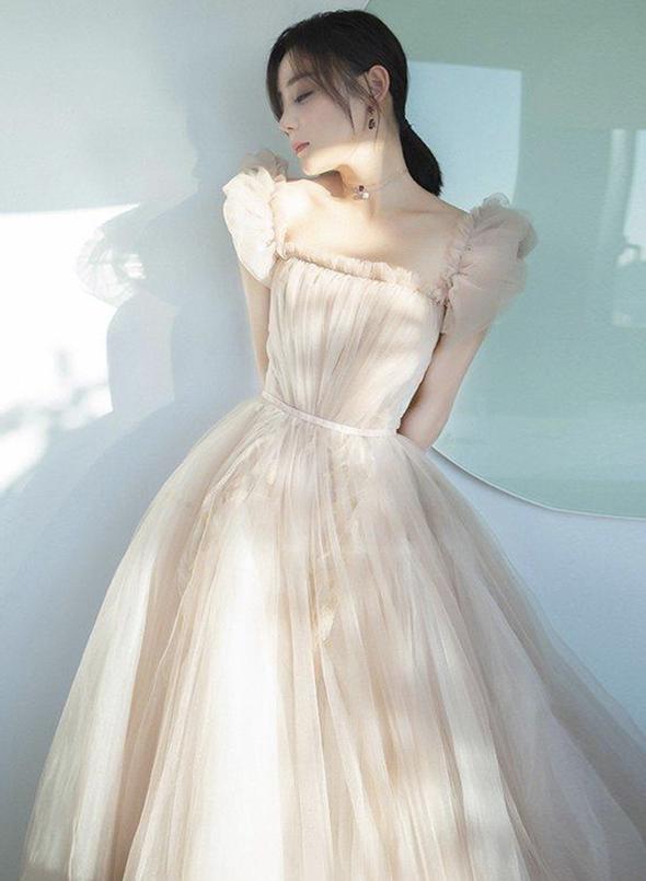 Cute champagne tulle prom dress evening dress CD11113