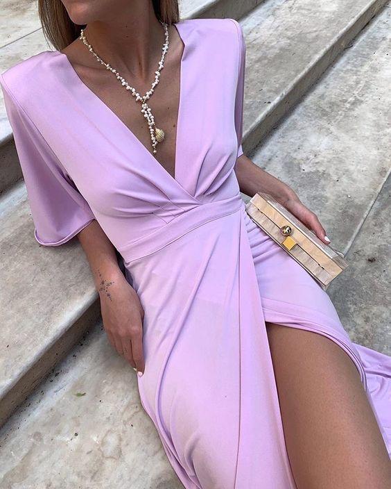 Purple v neck long prom dress with split CD11125