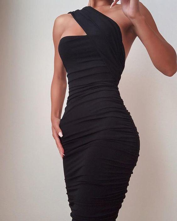 One Shoulder Sleeveless Ruched Bodycon Dress Prom Dress CD11128