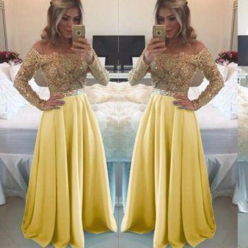 Sexy Yellow Long Sleeves Beading Prom Dresses CD11139