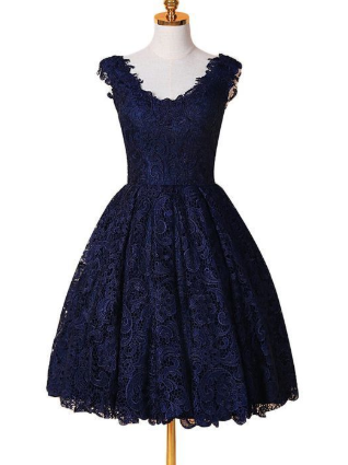 A-Line V-Neck Blue Lace Homecoming Dress, Simple Homecoming Dresses CD1115