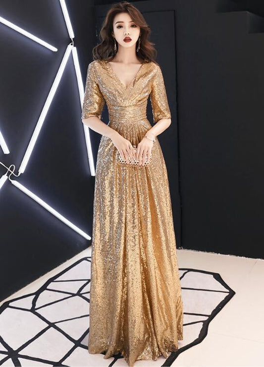 Shiny Sequins Golden Long Bridesmaid Dress, V-Neckline Prom Dress CD11174