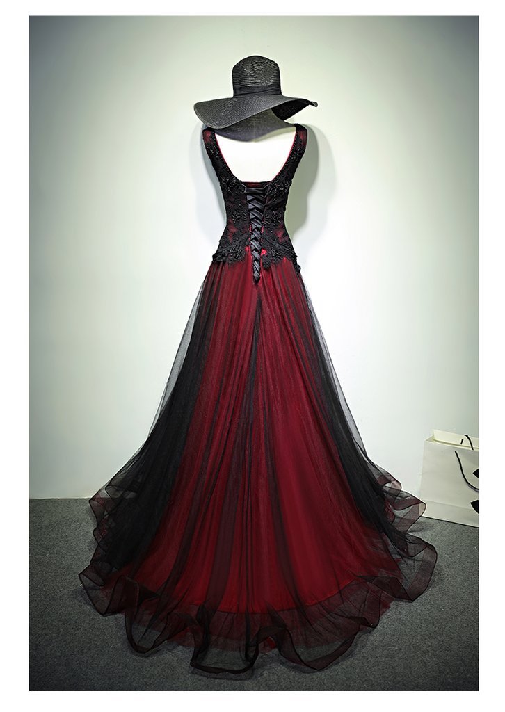 Gorgeous Black And Red V-Neckline Tulle Beaded Prom Dress, Long Evening Gown CD11267