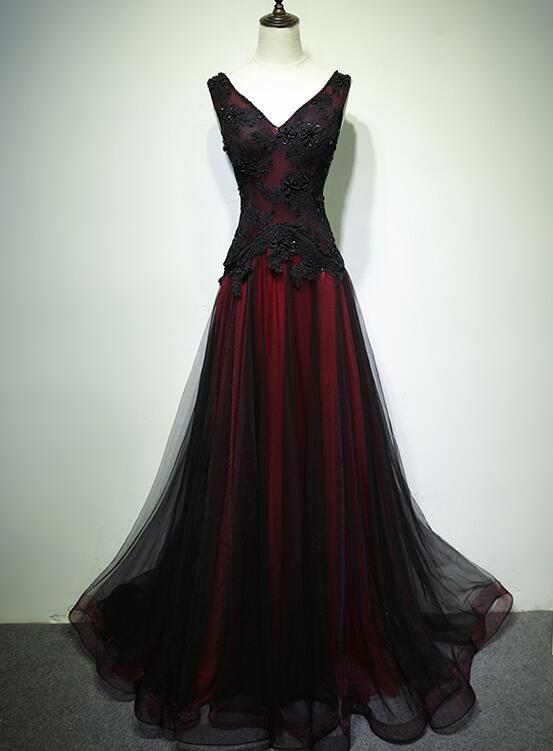 Gorgeous Black And Red V-Neckline Tulle Beaded Prom Dress, Long Evening Gown CD11267