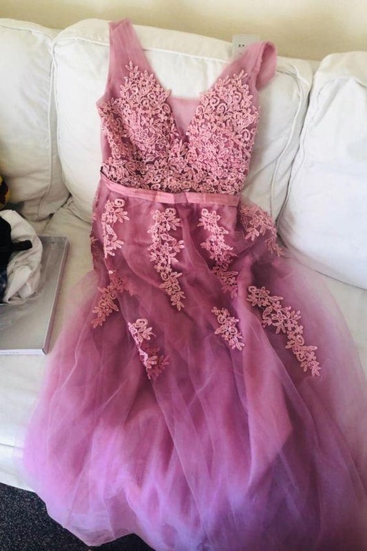 blush A-line tulle long bridesmaid dresses Prom Evening Dress CD11292