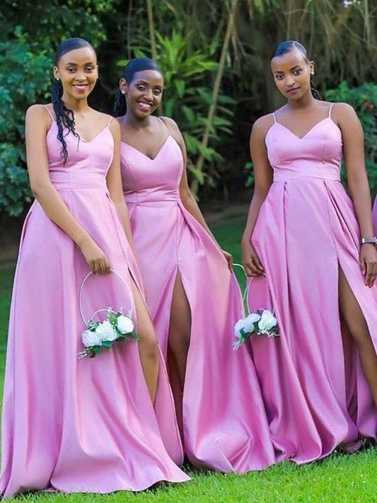 simple A-line lilac satin long bridesmaid prom dresses with side slit CD11293