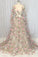 Champagne v neck tulle 3D flowers long prom dress champagne evening dress CD11306