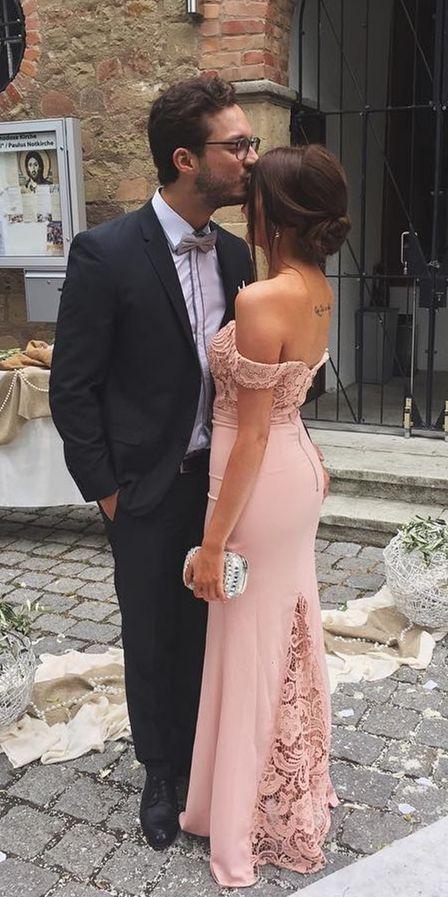 floor length fitted pink wedding guest dress with off the shoulder prom dress CD11326