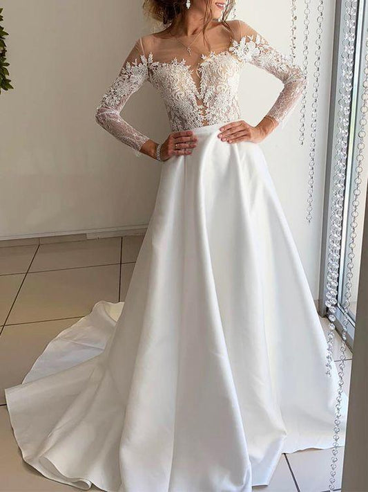 Elegant Long Sleeve White Satin Lace Wedding prom Dresses CD11375