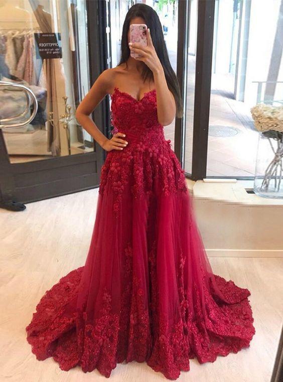 Gorgeous Ball Gown Dark Red Prom Dresses with Appliques CD11390