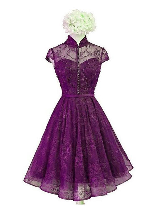 Beautiful Purple Lace Knee Length High Neckline Party Dress, Lace Wedding Party Dress Homecoming Dress CD11408