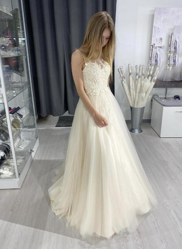 Champagne tulle lace long A line prom dress CD11431