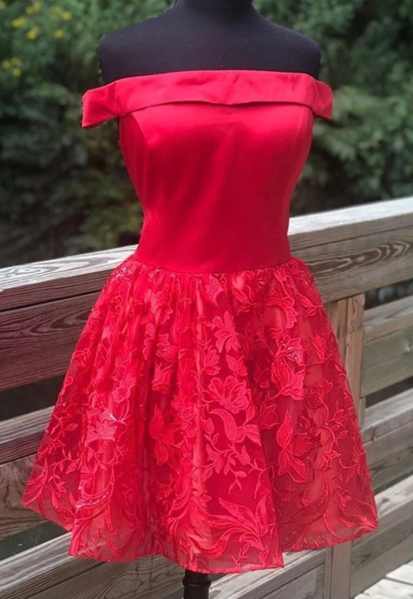 Off Shoulder Red Lace Formal Graduation Dress, Red Lace Homecoming Dress CD11493