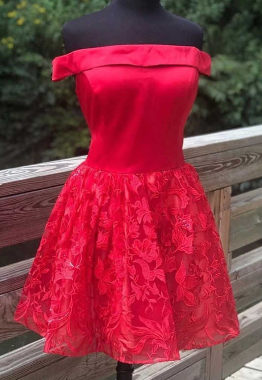 Off Shoulder Red Lace Formal Graduation Dress, Red Lace Homecoming Dress CD11493