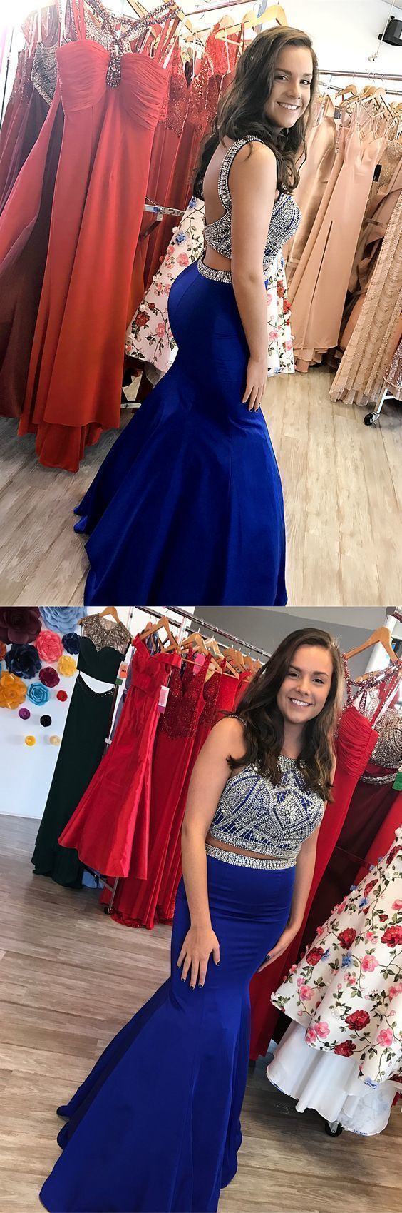 Sparkly Beaded Two Piece Prom Dresses, Royal Blue Satin Evening Party Gowns CD11534