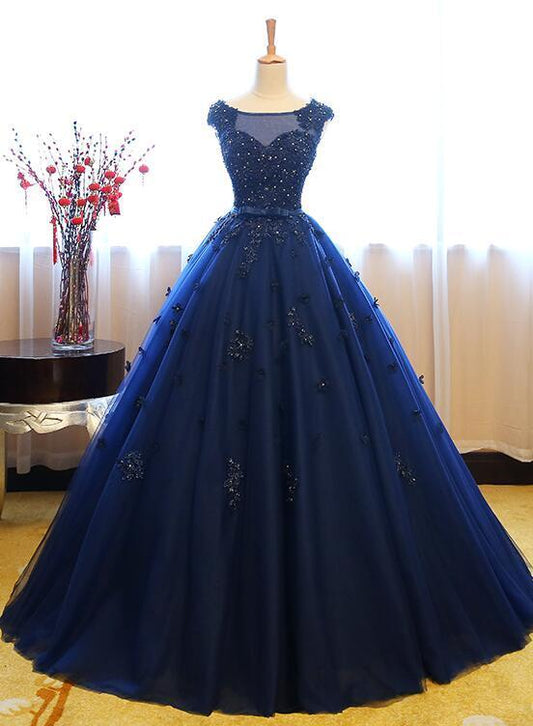 Navy Blue Tulle Cap Sleeves Quinceanera Dresses, Blue Beaded Ball Gown Party Dress prom dress evening dress CD11552