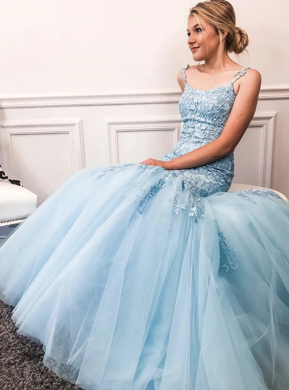 Blue tulle lace long prom dress evening dress CD11612