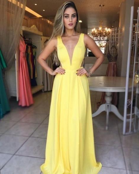 Yellow V neck Long Prom Dresses, Yellow A Line Evening Dress, Women Dress CD11650