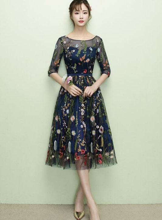 Lovely Navy Blue Lace Floral Knee Length Bridesmaid Dress, Blue Short Party Dress Homecoming Dress CD11686